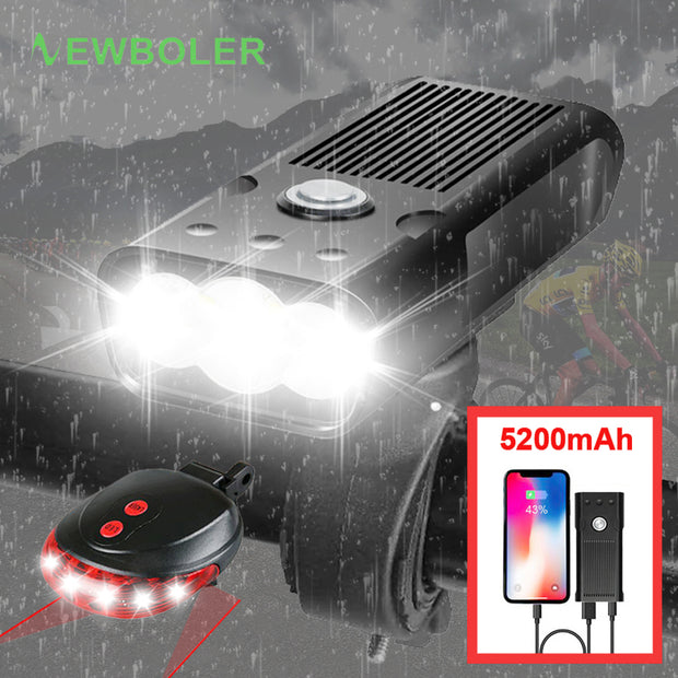 Bike Light Set With Laser Rear Taillight USB Rechargeable  5200mAh Waterproof Led Headlight